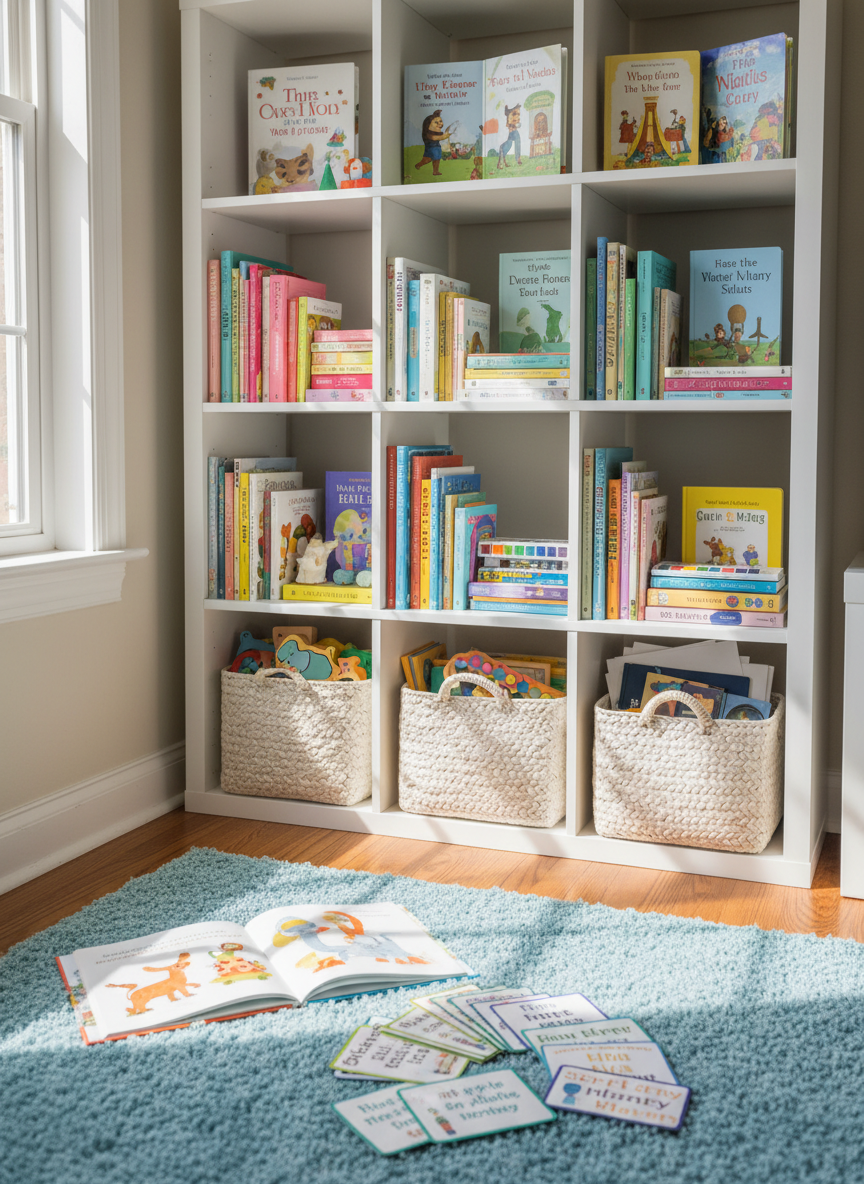 A bright, sunlit family room corner converted into a playful learning nook, centered on a white cube bookshelf filled with colorful, neatly arranged children’s books, nature guides, and simple Bible story volumes. Woven baskets overflow with wooden puzzles, watercolor sets, and nature study supplies like magnifying glasses and field journals. A plush, sky-blue rug anchors the space, with an open picture book and a small stack of Scripture memory cards spread out. Natural morning light streams through a nearby window, creating soft highlights and subtle shadows that add depth. Photographic realism at an eye-level angle, framed with the rule of thirds, captures a cheerful, inviting atmosphere that radiates warmth, creativity, and quiet joy.