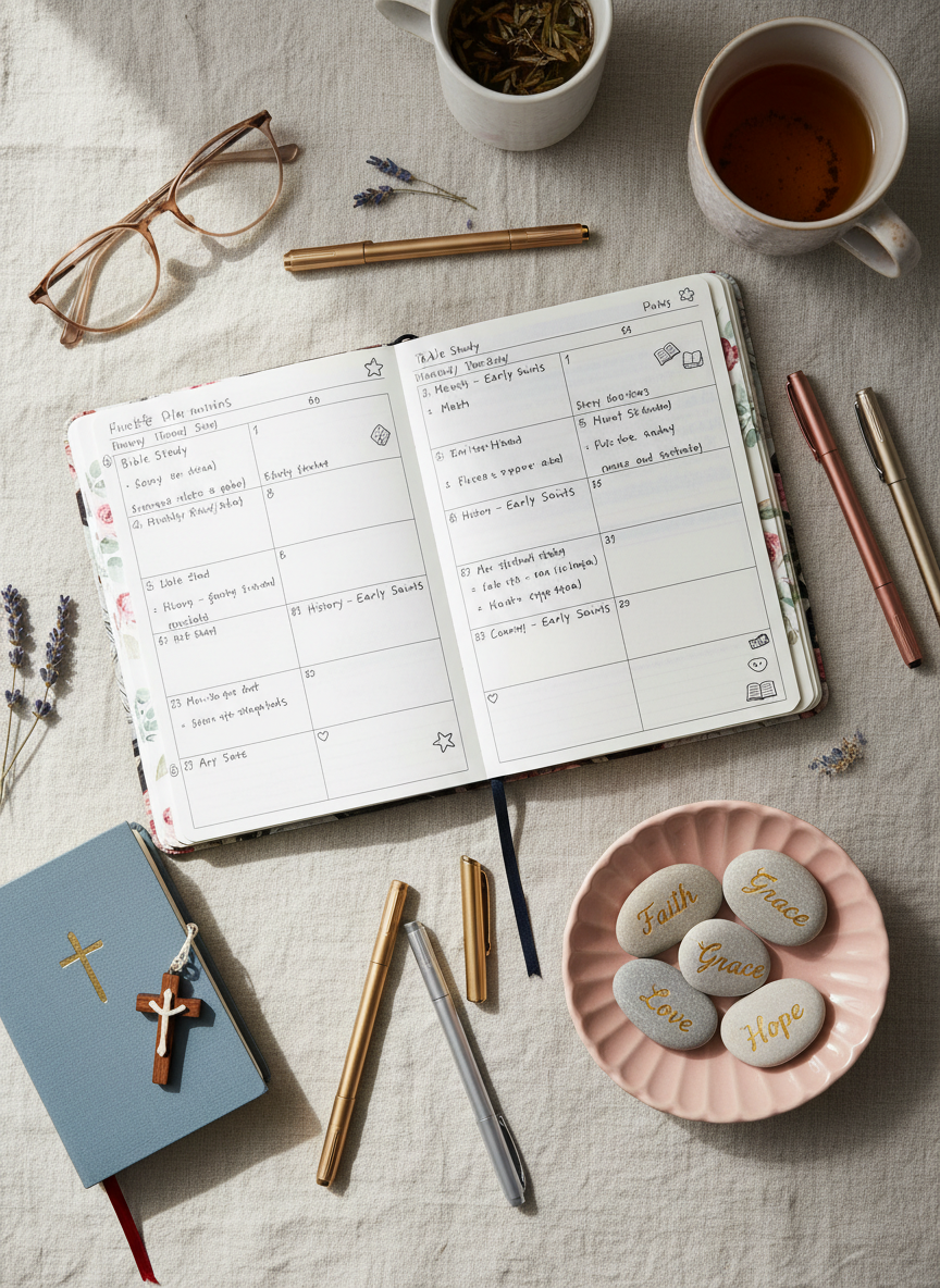 A flat-lay composition of a faith-centered homeschool planning session arranged on a pale linen surface. At the center lies a floral-covered planner open to a weekly spread, filled with tidy handwritten lessons and tiny doodled hearts. Nearby sits a slim, cloth-covered Bible with a satin ribbon marker, a delicate wooden cross charm resting on top, and a pastel ceramic dish holding smooth river stones engraved with words like “Faith,” “Joy,” and “Grace.” Soft diffused window light from the side creates gentle, shadowy gradients and subtle highlights on metallic pen clips. Photographic realism with a top-down, bird’s-eye perspective keeps everything in sharp focus, creating a serene, intentional, and playfully organized atmosphere perfect for a Faith & Family blog.