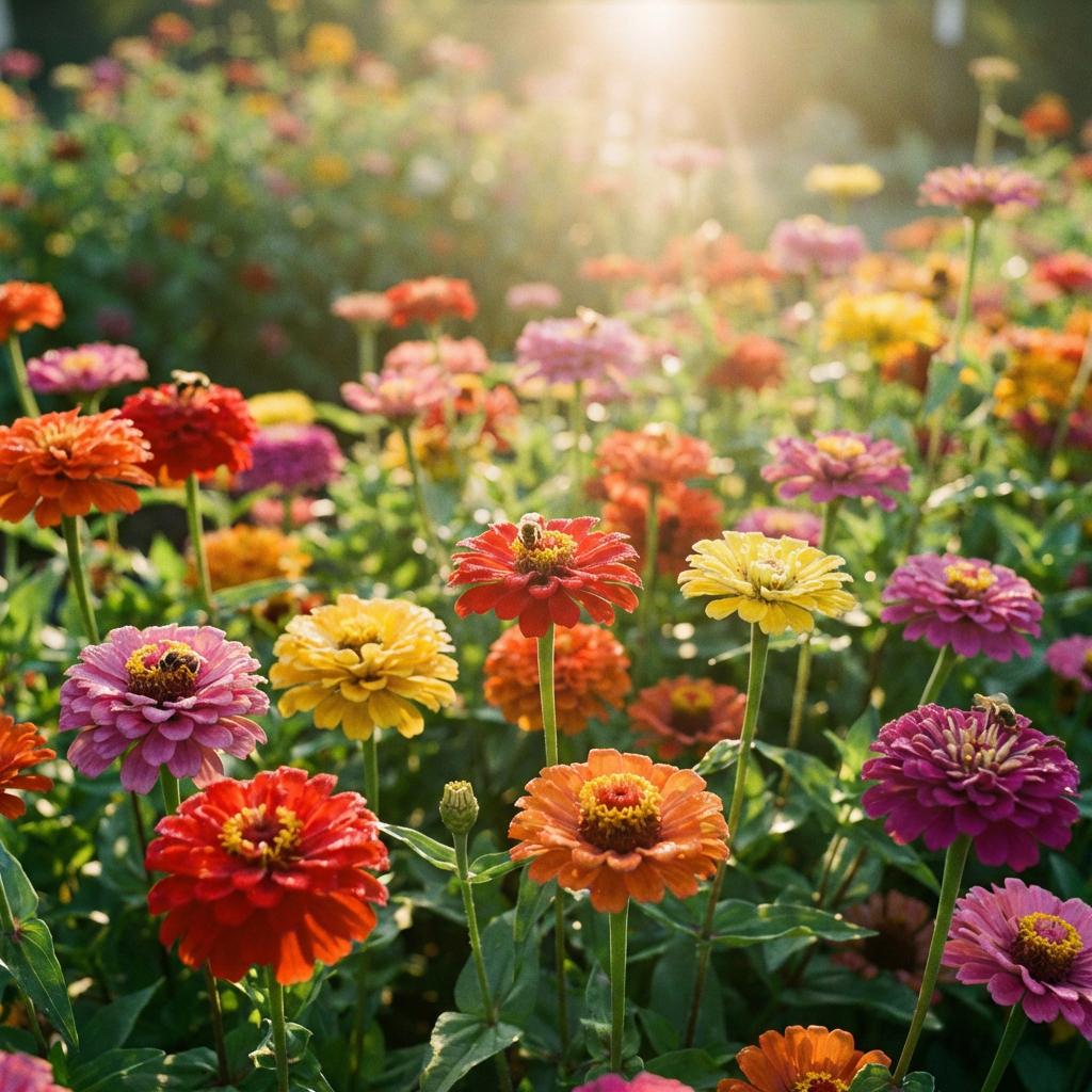 Colorful zinnias in sunlit garden close-up